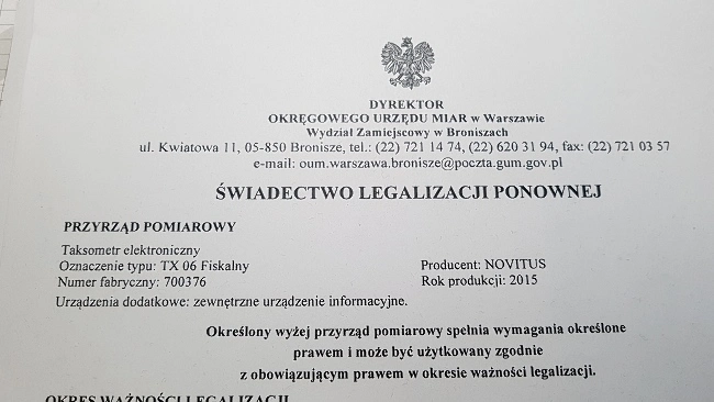 Dokumenty- Po zakończeniu procesu legalizacji zostanie Ci wydane świadectwo, potwierdzające poprawność działania taksometru oraz zgodność wszelkich obliczeń z normami.